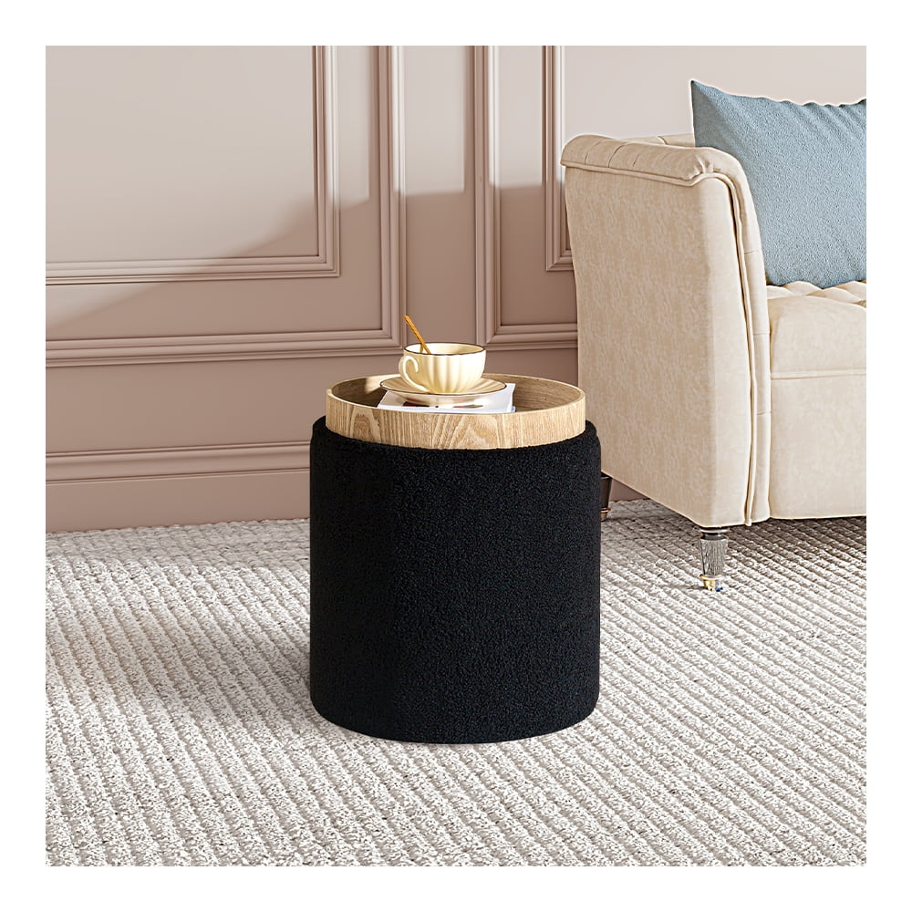 PINPLUS Storage Ottoman Round Boucle Ottomans with Tray, Teddy Foot ...