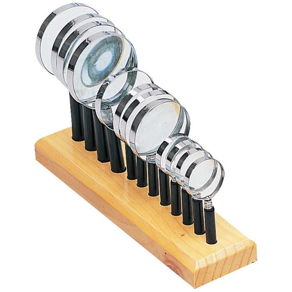 PINPOINT 12Pc Glass Magnifier Set | Three Sizes: 1.5" (3.8 cm) | 2" (5.1 cm) | 3" (7.6 cm) | Wooden Display Rack | Polished Metal Rims