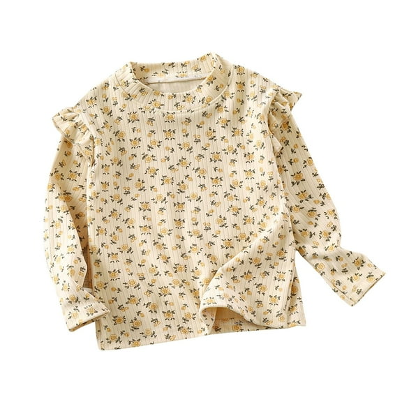 PINQI 1-14 Years Kids Holiday Blouse Girls' Autumn and Winter Floral Base Shirt Girls' Flying Sleeve Autumn T Shirt Little Girls Crewneck Base Shirt(Yellow-a,7-8 Years)