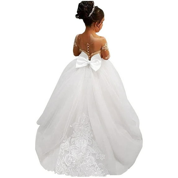 PINQI 1 To 16 Years Girls Long Sleeve Tulle Princess Dress Flower Child Wedding Dress Lace Dress Princess Wedding Pageant Gown (WH1,12-13 Years)