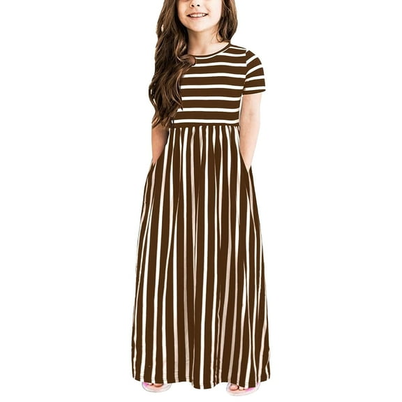 PINQI 2-12 Years Kids Girls Short Sleeve Stripe Print Dress Summer Casual Loose Dresses Cute Holiday Long Maxi Dress with Pockets (B-Coffee,4-5 Years)