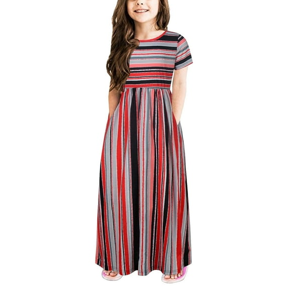 PINQI 2-12 Years Kids Girls Short Sleeve Stripe Print Dress Summer Casual Loose Dresses Cute Holiday Long Maxi Dress with Pockets (B-Red,11-12 Years)
