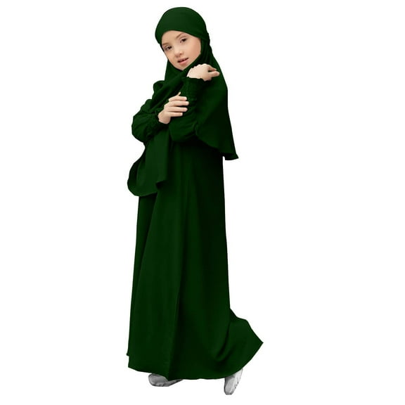PINQI 6-13 Years Children Kids Daily Casual Dress O Neck Dress Kids Girls Solid Elegant Dress Casual Long Sleeve Solid Color Hooded Dress(Green-b,5-6 Years)