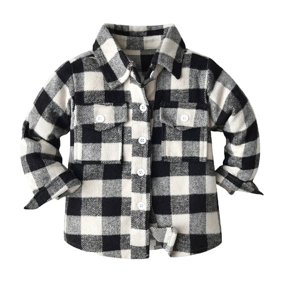PINQI Baby Boys Girls Pockets Shirt Top Coat Outwear Kids Toddler Flannel Shirt Jacket Plaid Long Sleeve Lapel Button Down Shacket with Pockets(Black,3-6 Months)
