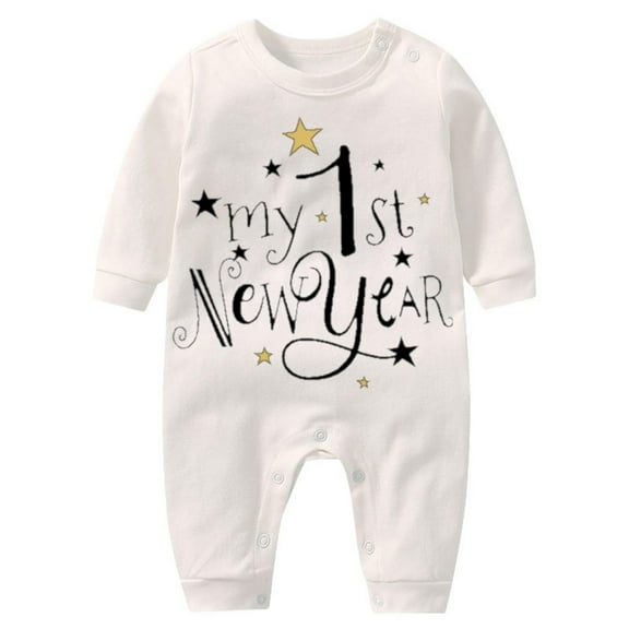PINQI Baby Cute Jumpsuit My First New Year Clothes Baby Boys Girls Outfits Letter Print Romper Jumpsuit Headband Outfits Set