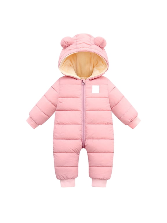 Toddler Sport Coat Baby Winter Warm Hooded Thick Down Jumpsuit Romper Long Sleeve Jacket Warm Overcoat for Boys Girls(Pink,12-18 Months)