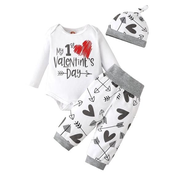 PINQI Baby Girl Valentines Day Outfit My First Valentine's Day Long Sleeve Ruffle Romper Heart Print Tutu Skirt Set Headband Clothes Set(C-White,0-3 Months)