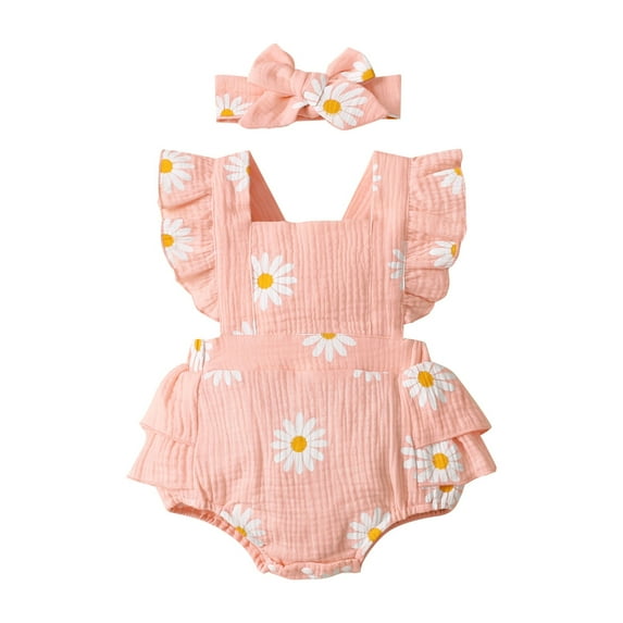 PINQI Baby Girls Bow Long Sleeve Outsie Bodysuit Banquet Wedding Romper with Headband Ribbed Button Jumpsuit Outfit Clothes(Pink-2,3-6 Months)