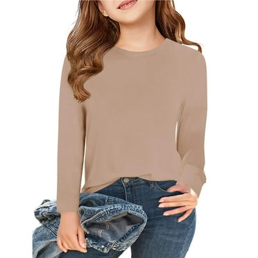 PINQI Baby Girls Long Sleeve Tops Girls Long Sleeve T Shirts Kids Fall Tops Crewneck Basic Tees 5-14 Years Holiday Solid Color Pullover Tops(Khaki-1,9-10 Years)