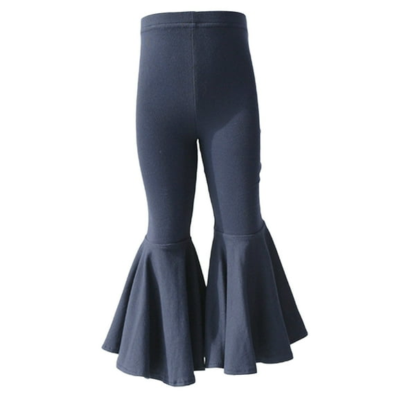PINQI Baby Girls Sports Overalls Children's Elastic Waist Leggings Solid Color Stretch Cotton Hem Pants Casual Oversized Flare Pants(Navy-a,2-3 Years)
