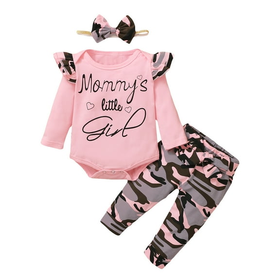 PINQI Baby Girls Valentine Print Long Sleeve Romper Bodysuit+Camouflage Print Long Pants Set Cute Baby Clothes for Girls Fall/Winter(A-Pink,6-12 Months)