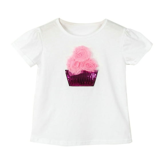 PINQI Baby Princess Tees Kids Toddler Girls Toddler Kids Boys Solid Basic Short Sleeve Girls White Stereo Rose Summer Top Sequin Pot Shape