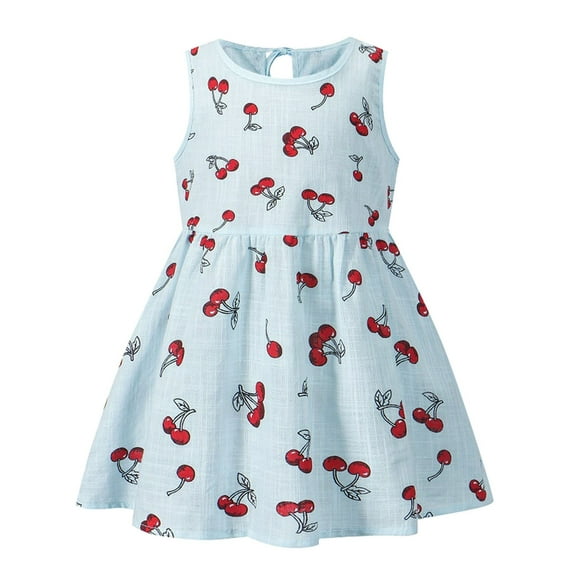 PINQI Birthday Baby Girls Dresses Summer Girls Cotton and Linen Cherry Printed Sleeveless Vest Dress Cute Baby Girls Sundress