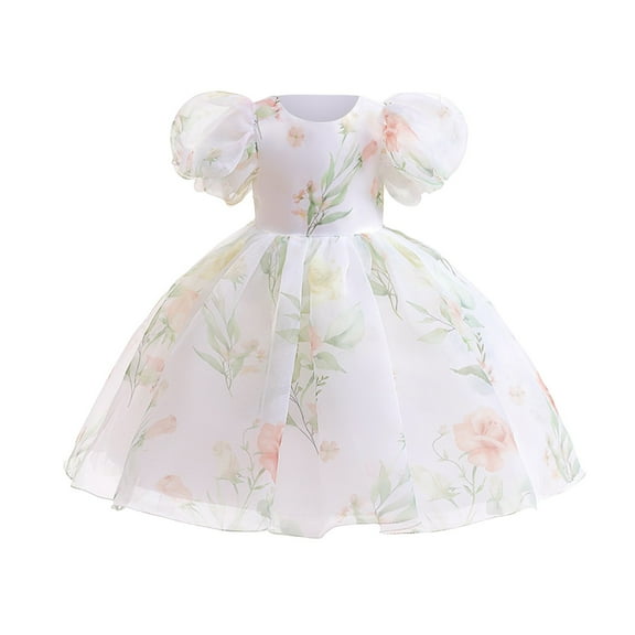 PINQI Birthday Dress for Little Girls Floral Printed Bubble Sleeve Puffy Gown Dress Dress Flower Girl Wedding Swing Dress for 1 to 7 Years