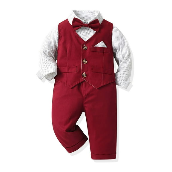 PINQI Bodysuits for Baby Party Boys Gentleman Fall Long Sleeved Bow Tie Cotton Shirt Vest Pants Three PC Christmas Children's Jumpsuit Suit(Red,3-6 Months)