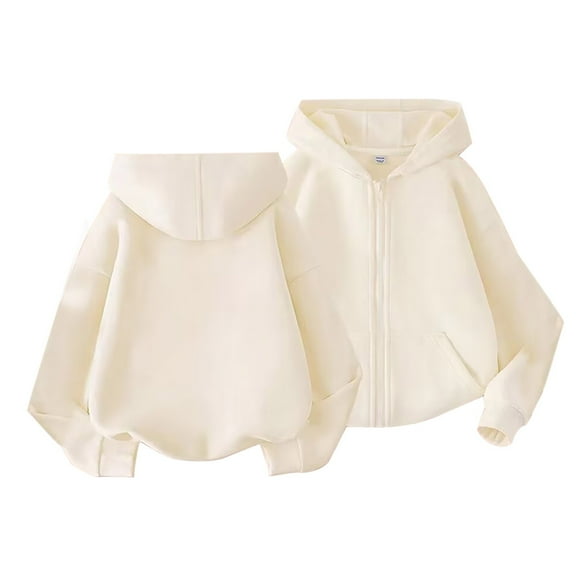 PINQI Boys and Girls Children Autumn and Winter Sweatshirt Thin Of Fashion Solid Color Hooded Sweater Long Sleeve Zipper Jacket 1-10 Years(Beige,5-6 Years)