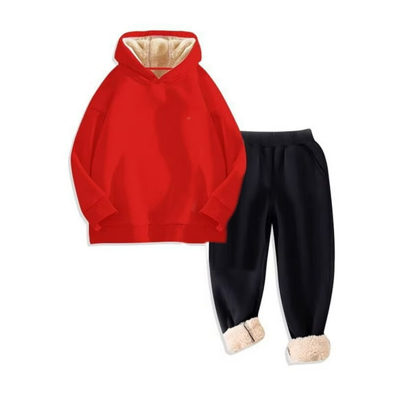 PINQI Boys Girls Fleece-Lined Jogging Set Plain Thick Warm Pullover Hoodies+Sweatpants Outfits Winter Padded Sweatshirt Set