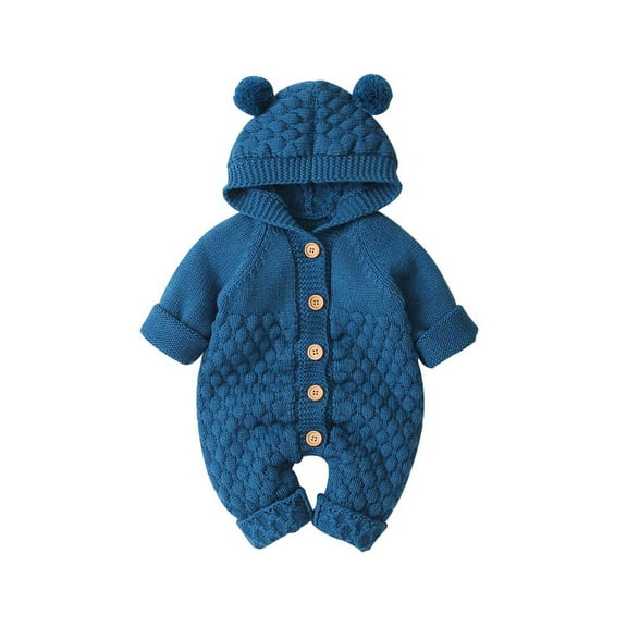 PINQI Children Fashion Long Rompers Long Sleeve Sweater Baby Girl Boy Winter Warm Coat Knit Outwear Hooded Jumpsuit 2024 Fall Winter Clothes(Dark Blue,6-12 Months)