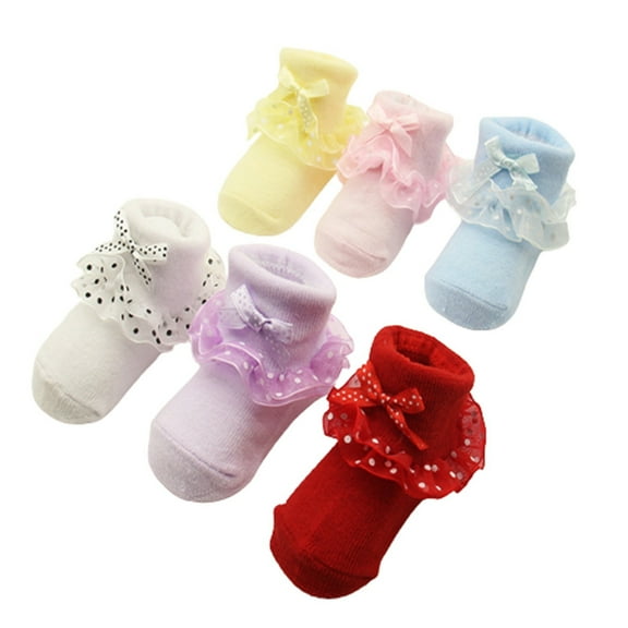 PINQI Clearance Baby Girls Lace Socks Soft Cotton Lace-Trimmed Ankle Socks with Bow for Dresswear (Breathable Material Non-Slip Design Perfect for ) Dress Socks 0 to 6 Months
