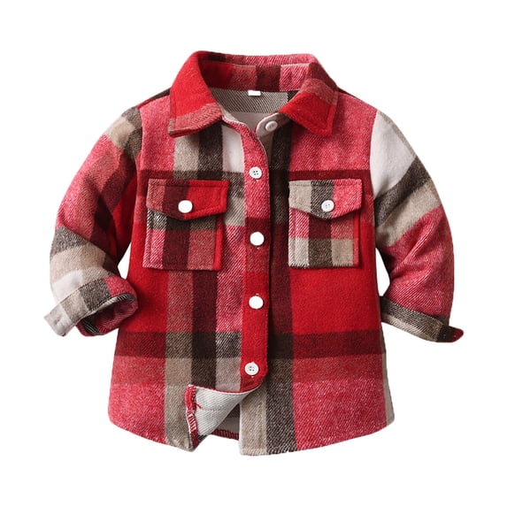 PINQI Clearance Coats Snow Wear Middle and Small Children's Spring and Fall Casual Long Sleeved Milled Plaid Collar Shirt Jacket with Pocket(Red,12-18 Months)