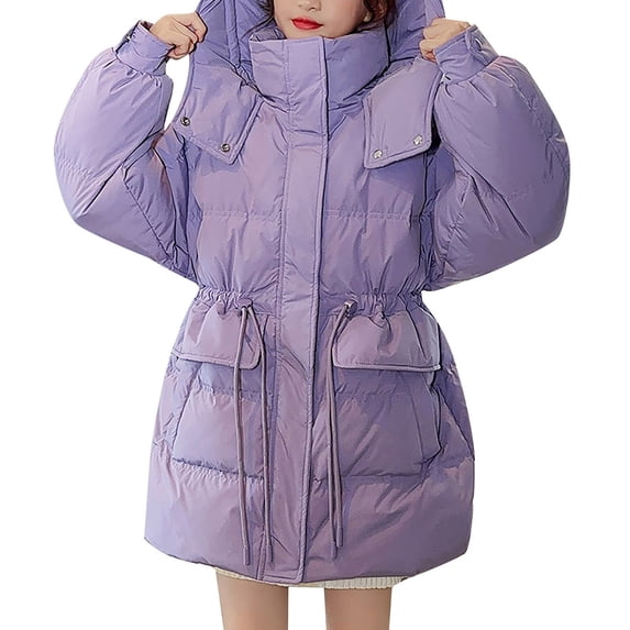 PINQI Clearance Coats Warm Overcoats Windproof Big Kids Winter Long Sleeve Waist Cinching Zip Solid Colour Down Jacket with Large Pockets Warm Winter Outdoor Wear(Purple,11-12 Years)