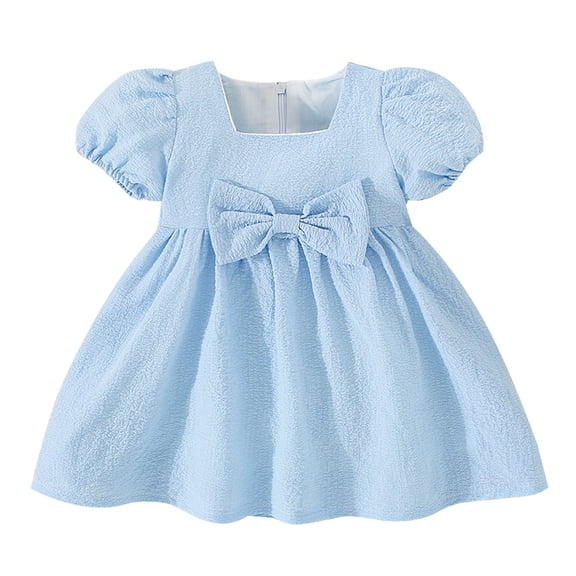 PINQI Cute Baby Girls Dresses 1-4 Years Toddler Girls Short Sleeve Bowknot Solid Color Ruffles Princess Dress Dance Beach Boho Dresses