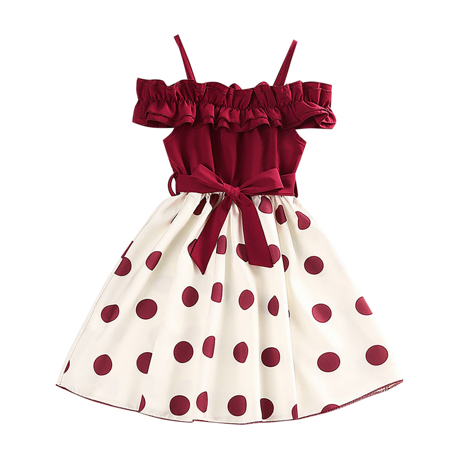 Cute Baby Girls Dresses Child Girls 3 To 7 Years Old Chiffon Red Princess A Line Sleeveless Sling Belt Dress Polka Dot Red Dress