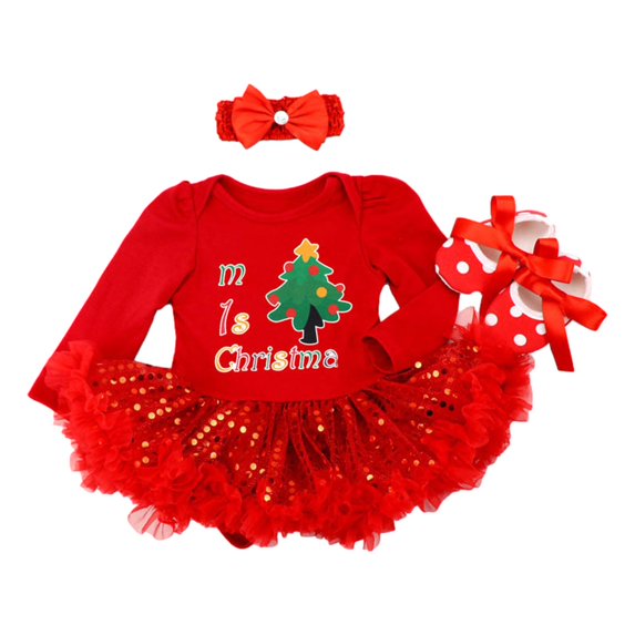 PINQI Cute Little Girls Dress Toddler Kids Baby Girls Christmas Clothes Long Sleeve Santa Reindeer Striped Dress Ruffle Dress