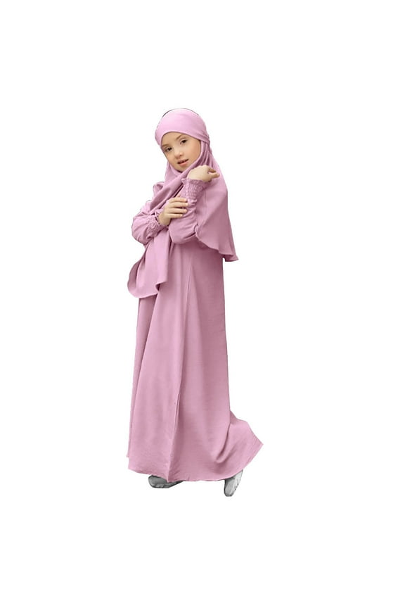 Dress For Kids Abayas Dress for Girls Dress with Hijab Chiffon Layered Islam Kaftan Clothes Open Front Cardigan Prayer Dress(b-Pink,9-10 Years)
