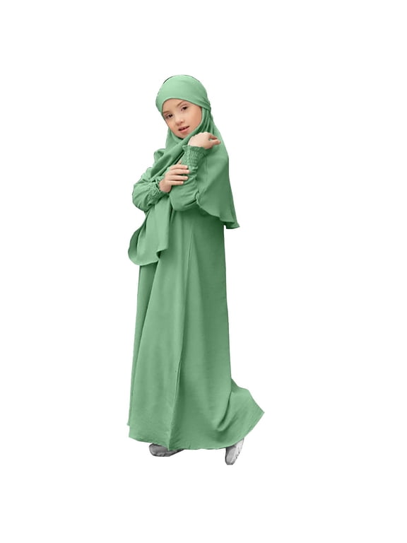 Dress For Kids Abayas Dress for Girls Dress with Hijab Chiffon Layered Islam Kaftan Clothes Open Front Cardigan Prayer Dress(b-Mint Green,7-8 Years)