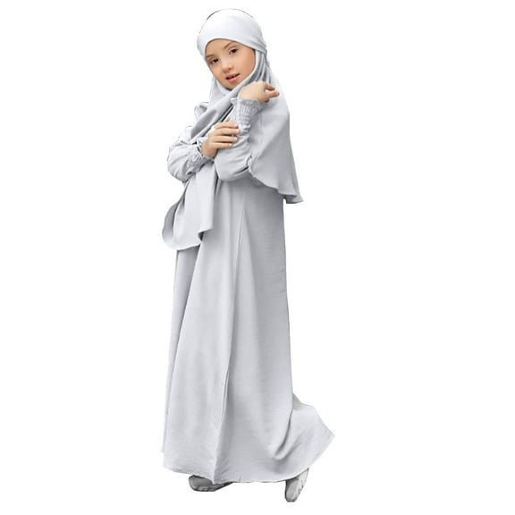 PINQI Dress For Kids Abayas Dress for Girls Dress with Hijab Chiffon Layered Islam Kaftan Clothes Open Front Cardigan Prayer Dress(b-White,9-10 Years)