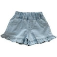 thumbnail image 1 of PINQI Elastic Waist Shorts for Children Girls Solid Color Elastic Waistband Ruffle Hem Denim Flared Shorts Summer Beach Wear Loose Harem Shorts, 1 of 9