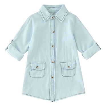 PINQI Fashion Little Girls Sundress Toddler Girls Long Sleeve Solid Color Denim Dress Princess Dress with Pockets for Kids 2 to 7 Years