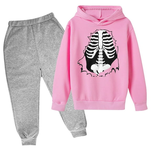 PINQI Fashion Outfits Set for Boys Girls Halloween Print Padded Long Sleeve Hooded Sweatshirt Warm Trousers Set for 3-14 Years(Pink,7-8 Years)
