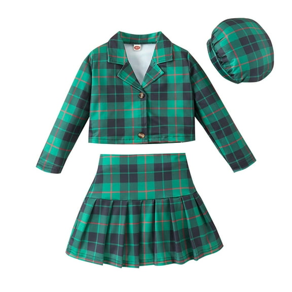 PINQI Formal Dresses for Baby Girls Toddler Autumn and Winter Plaid Lapel Long Sleeve Short Jacket High Waist Pleated Skirt Hat Girls' Outfit