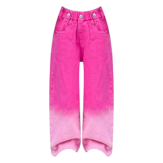 PINQI Girls' Baggy Jeans Candy Colors High Rise Elastic Waist Wide Leg Washed Denim Pants Size 5-16 Years Performance Loose Pants with Pocket(Hot Pink,11-12 Years)