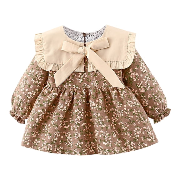 PINQI Girls Dresses 0-24 Months Baby Girls Winter Big Bowknot Padded Ruffle Neckline Dress Fall Winter Long Sleeve Flared Sleeve Long Princess Dresses(Yellow-2,18-24 Months)