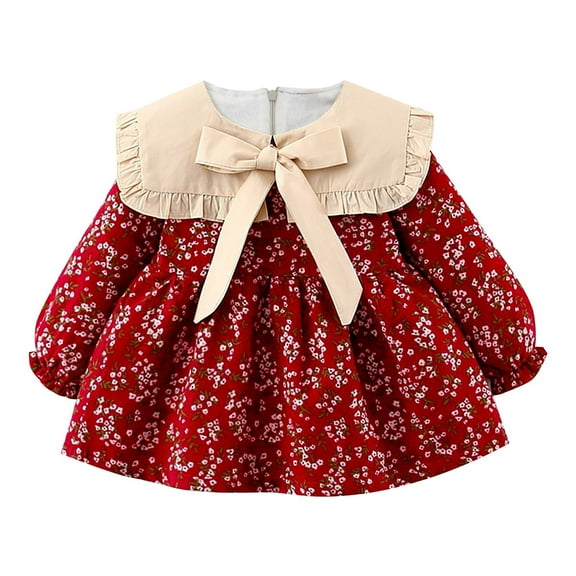 PINQI Girls Dresses 0-24 Months Baby Girls Winter Big Bowknot Padded Ruffle Neckline Dress Fall Winter Long Sleeve Flared Sleeve Long Princess Dresses(Red-2,6-12 Months)