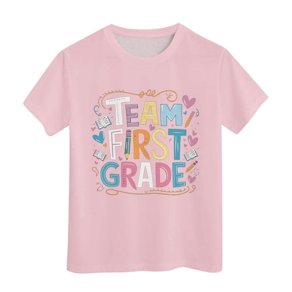 PINQI Girls Fashion Letter Printed Kids Back To School T Shirt Short Sleeve Children Student School Tees 2025 Spring Summer Fashion Clothes(Pink,4-5 Years)