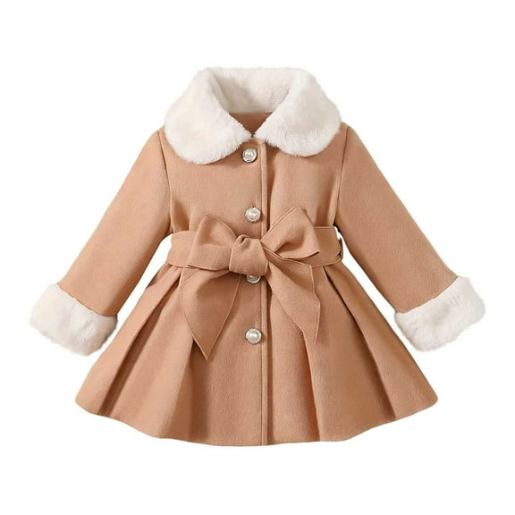 PINQI Girls Fleece Lined Peacoat Buttons Front Collar Dress Coats Kids School Un𝐢form Padded Warm Pleated Winter Outwear