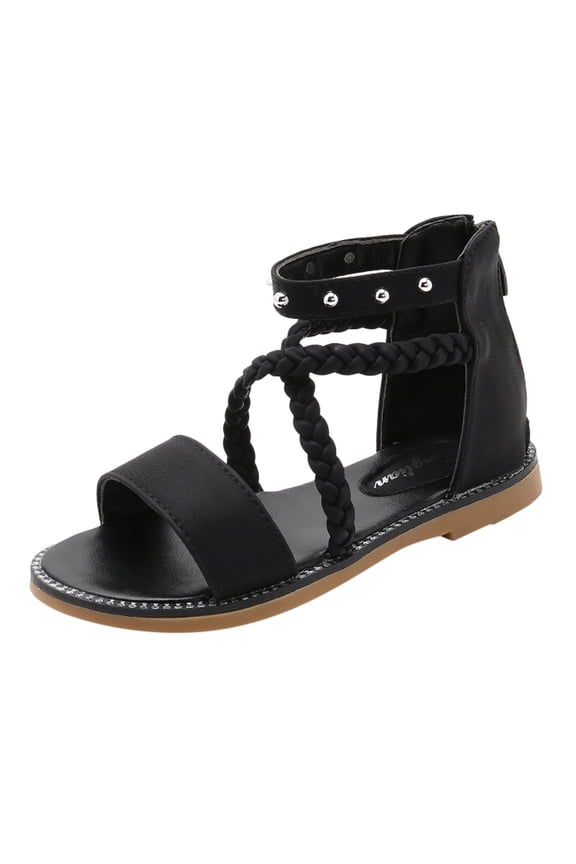 Girls Kids Leather Gladiator Sandals Ankle Open Toe X-Strap Flat Shoes Summer Casual Rubber Sole Non Slip Shoes Comfy