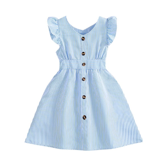 PINQI Girls Modern Dresses Summer Children's Girls Fashion Button Short Sleeve Clothing New Clothing Primary A Line Dress Clothes (Blue-a,4 Years)