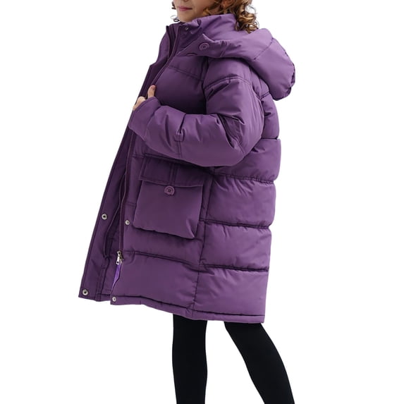 PINQI Girls Padded Puffer Coats Buttons Zip up Hooded Outwear Kids Winter Padded Warm Oversized down Jackets with Pockets