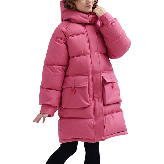 PINQI Girls Padded Puffer Coats Buttons Zip up Hooded Outwear Kids Winter Padded Warm Oversized down Jackets with Pockets