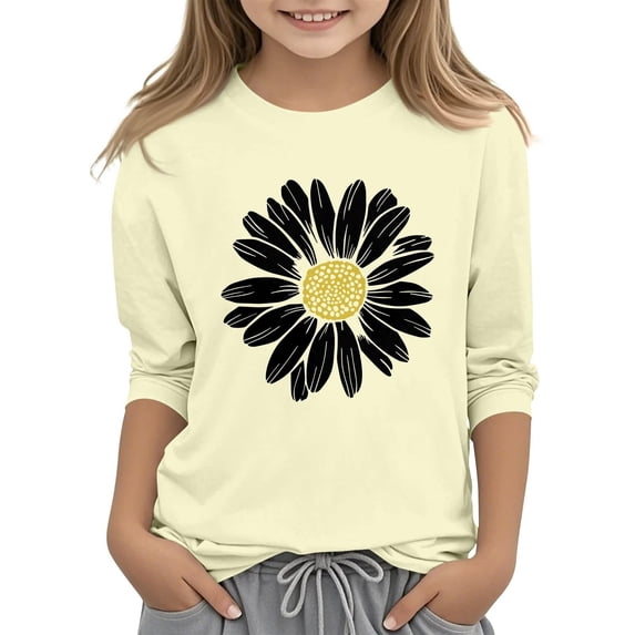PINQI Girls Summer 3/4 Sleeve T Shirt Sunflower Dandelion Graphic Kids Athletic Top Cotton Crewneck Aesthetic Tshirt