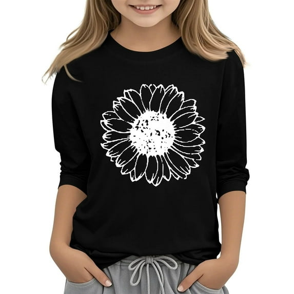 PINQI Girls Summer 3/4 Sleeve T Shirt Sunflower Dandelion Graphic Kids Athletic Top Cotton Crewneck Aesthetic Tshirt