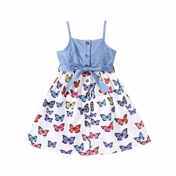 PINQI Girls Summer Casual Dress Toddler Girls Dress Summer Ruffle Sleeve Dresses Fashion Button Sleeveless Tie Back Sun-dress (A-Blue,6-7 Years )