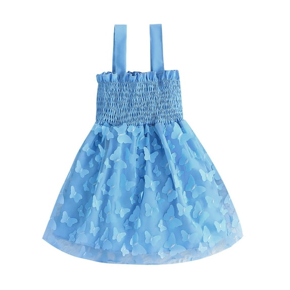 PINQI Girls Summer Casual Dress Toddler Girls Dress Summer Ruffle Sleeve Dresses Fashion Button Sleeveless Tie Back Sun-dress (B-Blue,6-12 Months)