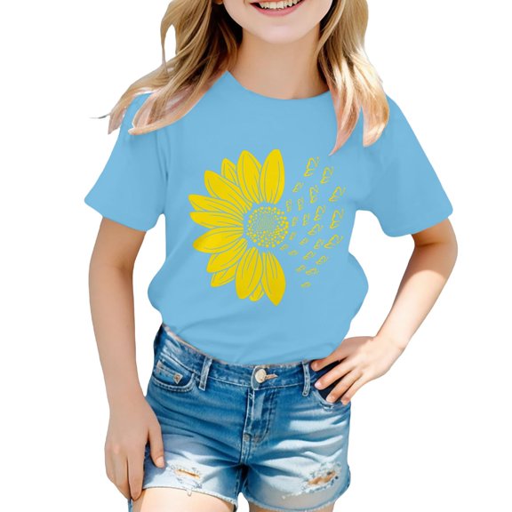 PINQI Girls Summer Sunflower T Shirt Cute Flower Graphic Kids Short Sleeve Tops Crewneck Loose Tee Casual Basic Tshirt