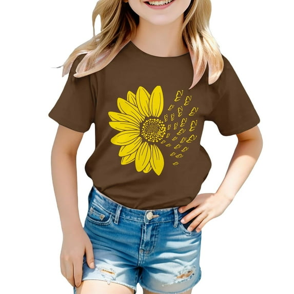 PINQI Girls Summer Sunflower T Shirt Cute Flower Graphic Kids Short Sleeve Tops Crewneck Loose Tee Casual Basic Tshirt